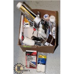 PAINTING TRAYS, ROLLERS, ROLLS, BRUSHES- ASSORTED