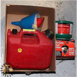 GAS CAN WITH PORTABLE FUEL FILTER & ASSORTED