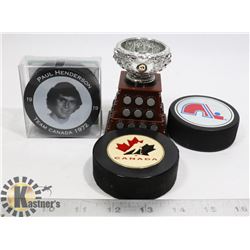 3 X TROPHY & PUCKS BRASS CANADA HENDERSON QUE