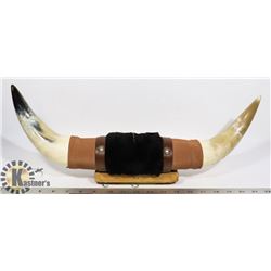 WALL MOUNT LEATHER WRAPPED BULL HORNS