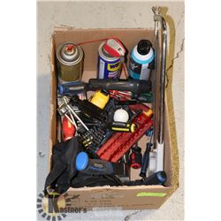 ESTATE BOX OF HAND TOOLS, WD40, AND MORE