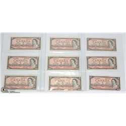 1954 LOT OF 9 OLD CANADA $2 BANK NOTES