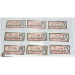 1954 LOT OF 9 OLD CANADA $2 BANK NOTES
