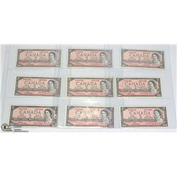 1954 LOT OF 9 OLD CANADA $2 BANK NOTES