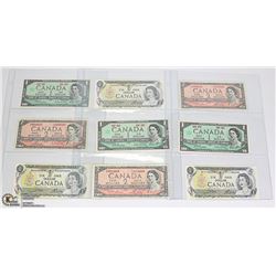 LOT OF 9 OLD CANADA $1 & $2 BANK NOTES