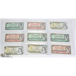 LOT OF 9 OLD CANADA $1 & $2 BANK NOTES