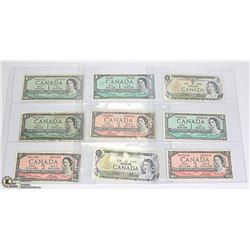 LOT OF 9 OLD CANADA $1 & $2 BANK NOTES
