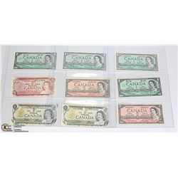 LOT OF 9 OLD CANADA $1 & $2 BANK NOTES