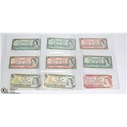 LOT OF 9 OLD CANADA $1 & $2 BANK NOTES