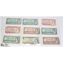 LOT OF 9 OLD CANADA $1 & $2 BANK NOTES
