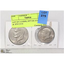 LOT OF 2 COINS; 1977 US 1/2 DOLLAR & 1974 US $1