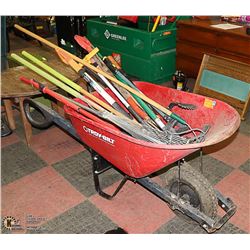 TROY-BILT WHEEL BARROW WITH YARD TOOLS