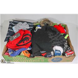 FLAT OF ASSORTED NEW WINTERWEAR, HATS, MITS,