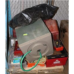 PALLET OF ESTATE MISC: INCLUDES TOOLBOX, CHAINS