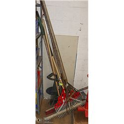 LOT OF VARIOUS RAKES, SHOVELS, ETC
