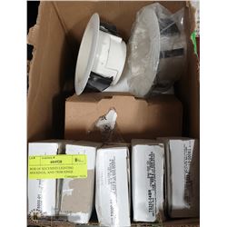 BOX OF RECESSED LIGHTING HOUSINGS, AND TRIM RINGS