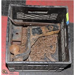 CRATE WITH CHAIN, HITCH, ETC