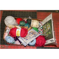 FLAT OF CREWEL KIT,WOOL,CROCHET ,KNITTING ITEMS