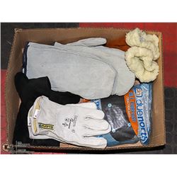WINTER GEAR INCL 3 PAIRS LEATHER LINED MITTS,