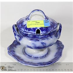 ANTIQUE FLOW BLUE SERVER WITH LID