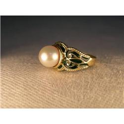 Estate Designer 14K YG Gold Enamel Pearl Ring #1322311