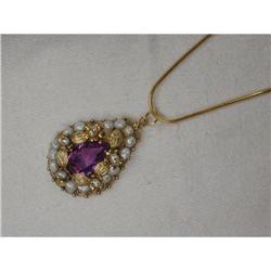 Estate 14K YG Gold Amethyst Seed Pearl Pendant #1322322