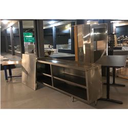 Stainless Steel Serving Counter with Storage, Small Exhaust Canopy, 2 Desks