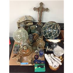 Assorted Japanese Glass Fishing Floats, Oil Lamps and Misc