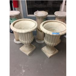 2 plaster planters and 3 cement stands