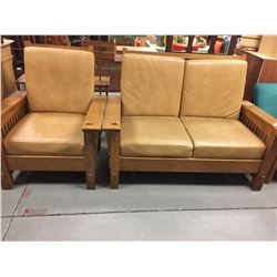 Retro Wood and Leather Loveseat and Chair