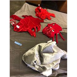 3 red lobster and 1 silver shark toy