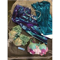 2 mermaid costumes with green tops and blue fish tail skirt