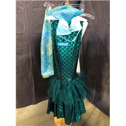 blue and dark green mermaid costume with fish tail skirt