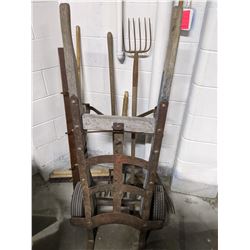 vintage 2 step ladder, dolly, gardening tools, pitch fork and multiple buckets