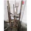 Image 1 : vintage 2 step ladder, dolly, gardening tools, pitch fork and multiple buckets