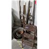 Image 2 : vintage 2 step ladder, dolly, gardening tools, pitch fork and multiple buckets