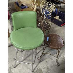 4 vintage palour chair, 2 planters and 1 retro green leather chair