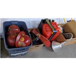 buckets of multiple tools, gasoline cans and construction hats