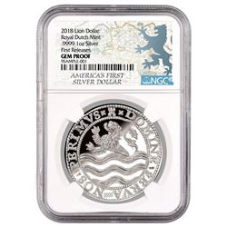 2018 Netherlands 1 oz. Silver Lion Dollar Coin NGC Gem Proof First Release White Core