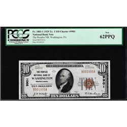 1929 $10 NB of Washington, PA CH# 9901 National Currency Note PCGS New 62PPQ