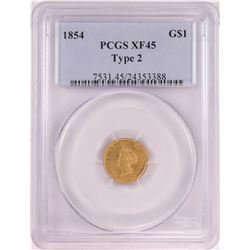 1854 Type 2 $1 Indian Princess Head Gold Dollar Coin PCGS XF45