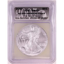 2007 $1 American Silver Eagle Coin ICG MS70 First Day of Issue