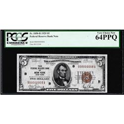 Low Serial #8 - 1929 $5 Federal Reserve Bank Note New York PCGS Very Choice New 64PPQ