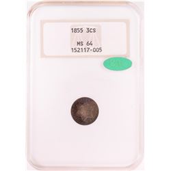 1855 Three Cent Silver Coin NGC MS64 CAC