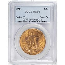 1924 $20 St. Gaudens Double Eagle Gold Coin PCGS MS64