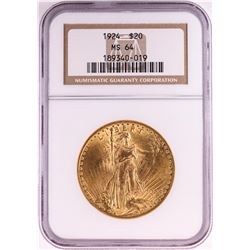 1924 $20 St. Gaudens Double Eagle Gold Coin NGC MS64