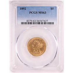 1892 $5 Liberty Head Half Eagle Gold Coin PCGS MS63