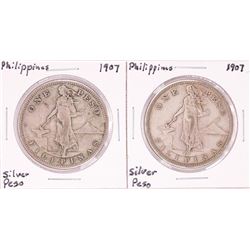 Lot of (2) 1907 Philippines One Peso Silver Coins