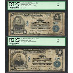 1902PB $5/10 First NB of Washington, PA CH# 586 National Currency Notes PCGS Fine 12