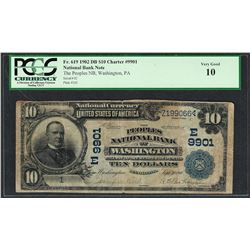 Serial # 1 1902 DB $10 Washington, PA CH# 9901 National Currency Note PCGS Very Good 10